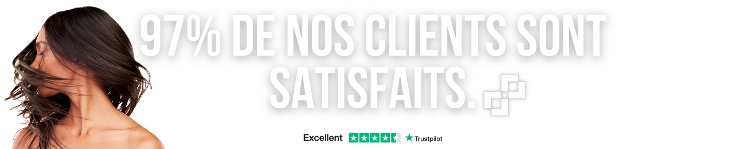 Femme aux cheveux longs et noirs avec le texte : « 97 % de nos clients sont satisfaits. » Note Trustpilot affichée. Dahlia Color Professionnel