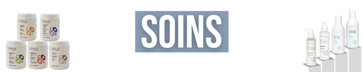 Bannières soins transparente Six pots de soins capillaires à gauche, « SOINS » au centre et cinq flacons de produits capillaires à droite. Dahlia Color Professionnel