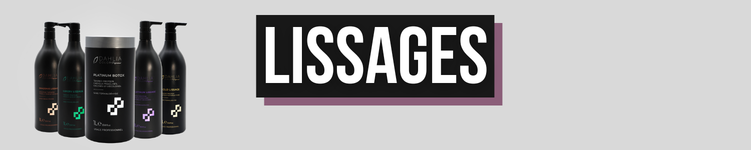 Quatre flacons de produits capillaires noirs étiquetés « LISSAGES » sur fond gris. Dahlia Color Professionnel