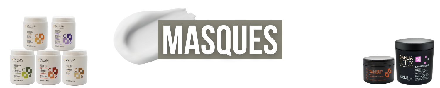 Six pots blancs et deux pots noirs de masques capillaires, avec le texte « MASQUES » sur une couche de crème blanche. Dahlia Color Professionnel