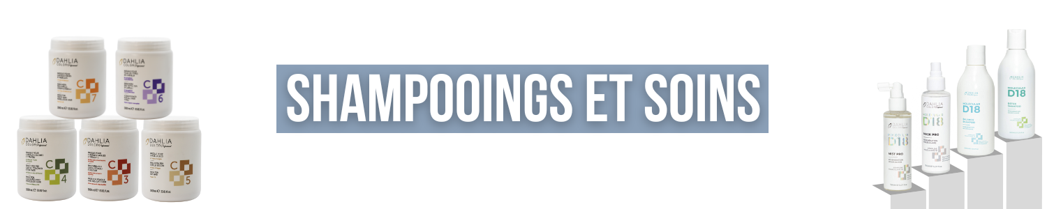 Six contenants de shampoing et cinq flacons de soins capillaires à côté du texte « SHAMPOOINGS ET SOINS ». Dahlia Color Professionnel