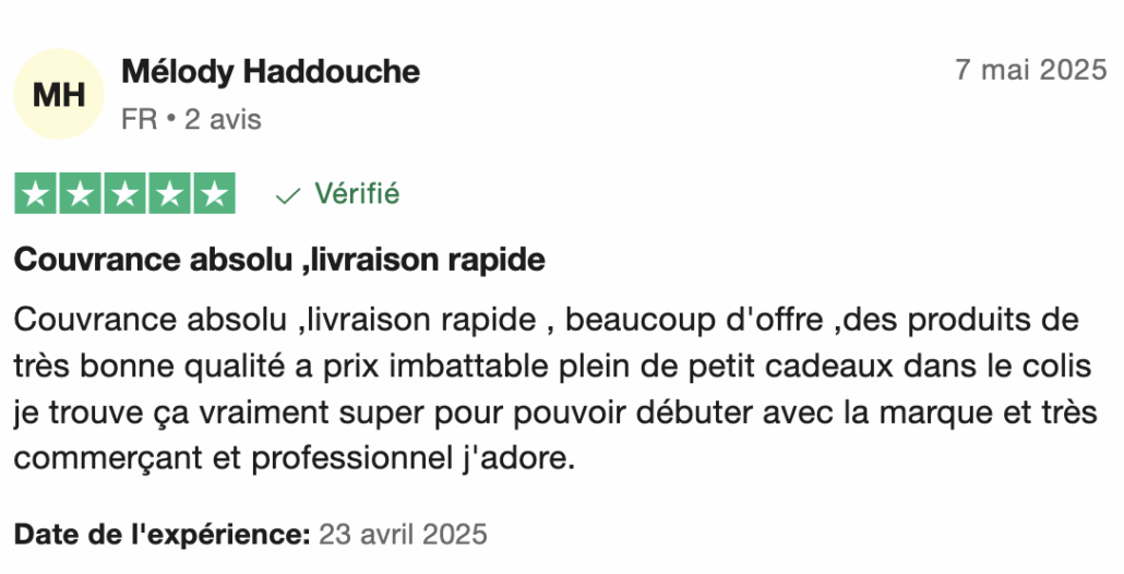 Avis cinq étoiles de Méloy Haddouche sur Trustpilot, complimentant la rapidité et la qualité des produits. Dahlia Color Professionnel