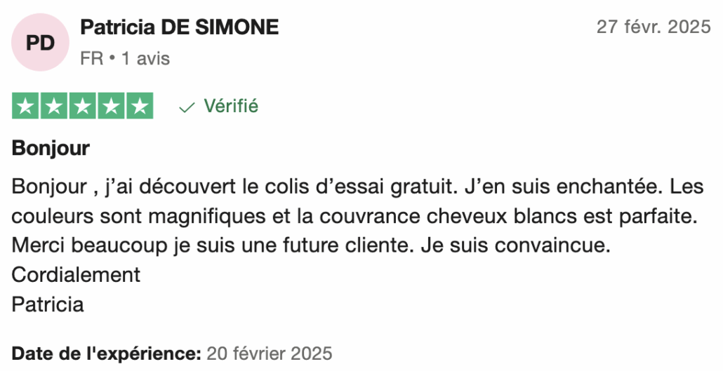 Avis positif en français sur un produit d’essai gratuit, cinq étoiles, profil nommé Patricia DE SIMONE. Dahlia Color Professionnel