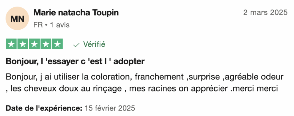 Un avis sur un produit français avec cinq étoiles, des commentaires positifs et la date du 2 mars 2025 indiquée en haut. Dahlia Color Professionnel