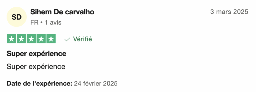 Avis de Sihem De Carvalho avec 5 étoiles, marqué comme vérifié, daté du 3 mars 2025, en français. Dahlia Color Professionnel