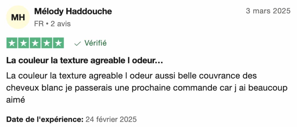 Avis Trustpilot en français faisant l'éloge du produit capillaire pour sa texture, son parfum et sa couverture des cheveux blancs, daté de mars 2025. Dahlia Color Professionnel