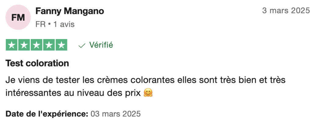 Avis positif sur des crèmes colorantes, noté 5 étoiles, utilisateur satisfait avec une émoticône souriante. Dahlia Color Professionnel