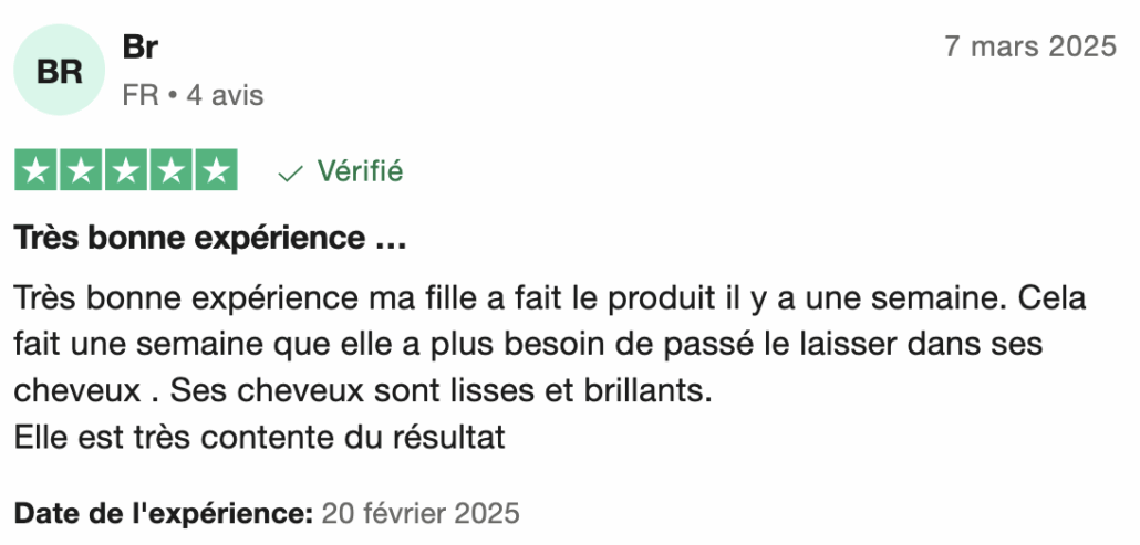 Un avis positif en ligne en français sur un produit capillaire, daté du 7 mars 2025. Dahlia Color Professionnel