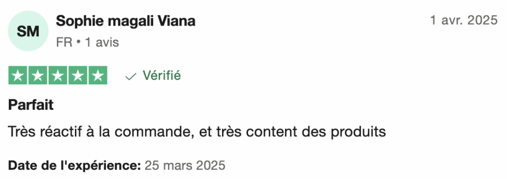 Avis 5 étoiles : "Très réactif à la commande, et très contenu des produits" par Sophie magali Viana. Dahlia Color Professionnel