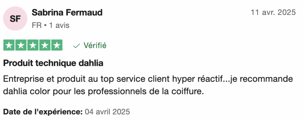 Avis positif de Sabrina Fermaud recommandant Dahlia Color aux professionnels de la coiffure, daté d'avril 2025. Dahlia Color Professionnel